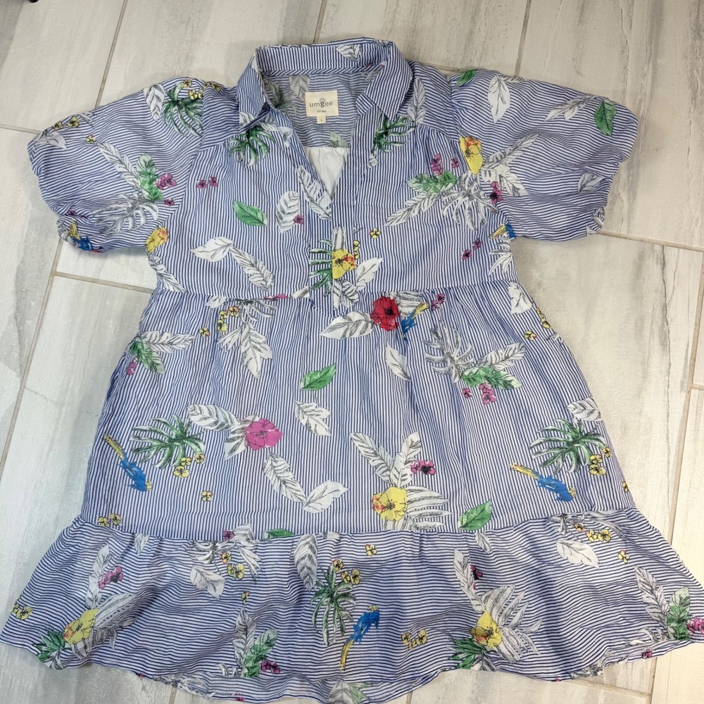 Umgee Blue & White Pinstripe Tropical Floral Parrot Babydoll Dress Large K9679